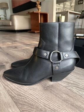 Saint Laurent Black Leather Harness Ankle Boots